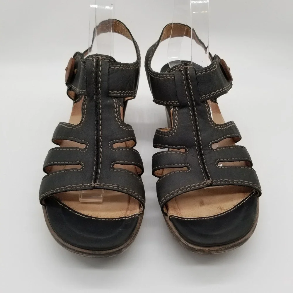 Sanita‎ Womens Black Leather Strappy Wedge Sandals Size 39 US 8.5 Portugal